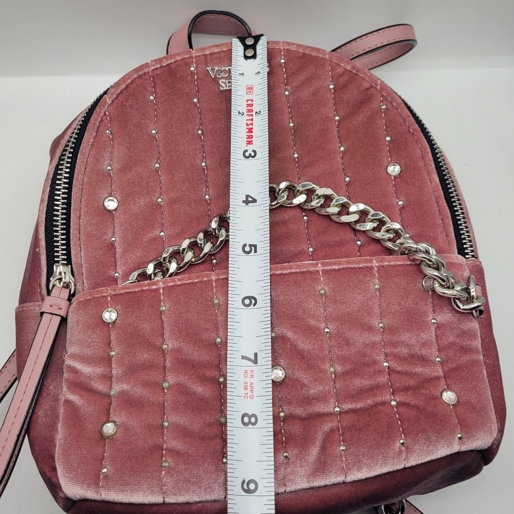 VICTORIA SECRET BACKPACK DUSTY ROSE VELOUR SHIMMER/CHAIN ACCENTS Zip Pockets - Picture 13 of 14